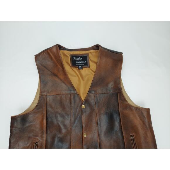 Leather Biker Vest Brown Buffalo Hide Concealed Carry Vest-Leather Supreme Sz 48 - Picture 2 of 13